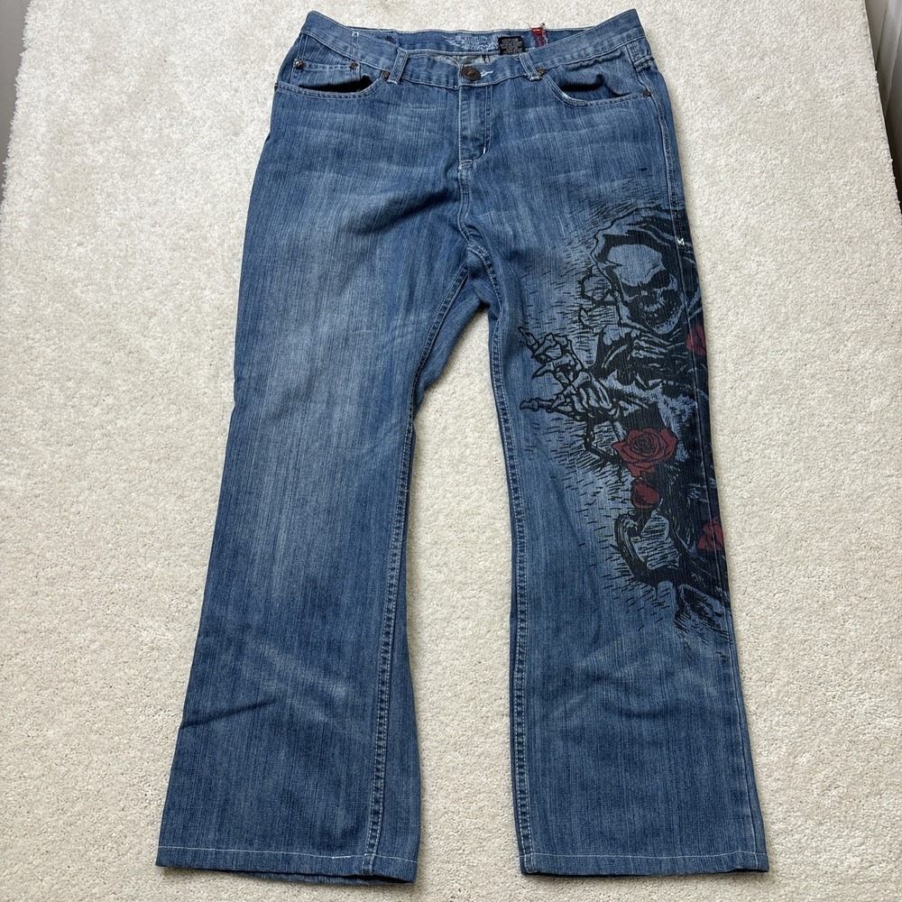 Affliction Denim Killers Jeans Men's Size 34x34 Cool Grim Reaper Rose Embroidery